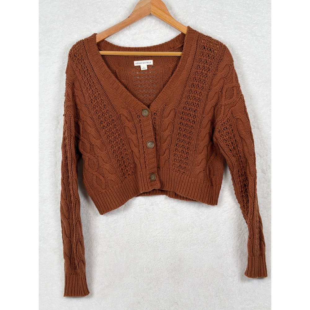 Aeropostale Cardigan Sweater Womens S Brown Boho Cable Knit Cropped V-Neck